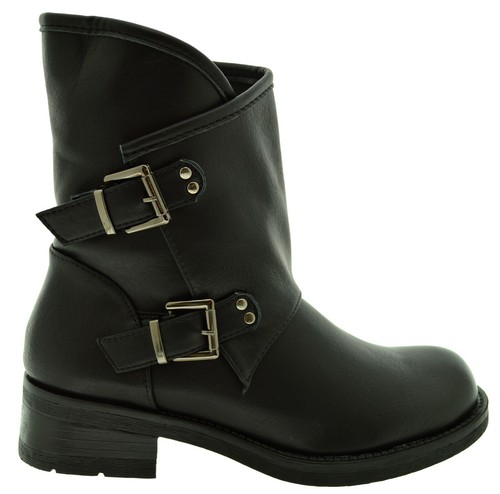 STIVALI NERI DONNA ANFIBI CON LE BORCHIE STIVALETTI BIKERS CON FIBBIE  TRONCHETTI | eBay
