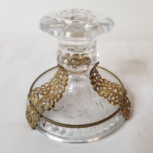Candle Holder 1920s Duncan & Miller Sandwich Glass Gold Filigree Table Art Decor - Picture 2 of 13