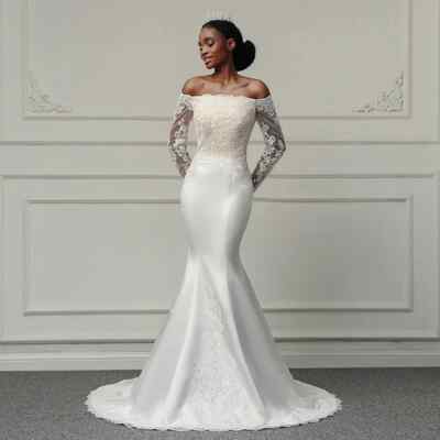 Elegant Mermaid Wedding Dresses Lace Applique Long Sleeves Lace Bridal Gowns  ﻿