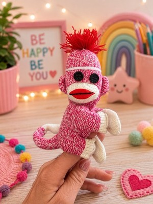 Squire Boone Village Pink Sock Monkey Plush Doll Red Hair Button Eyes Cute Toy