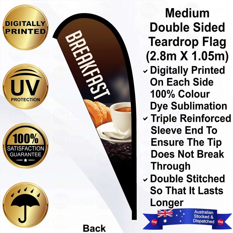 F - BREAKFAST Deluxe Double-Sided Brown 3.5m Teardrop Flag / Banner Kit with Pole Set, Galvanised Steel Ground Spike, Steel Outdoor Cross Base, Free 15kg Water Bag and a Free Carry Bag - 2