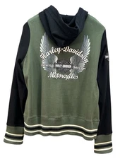 Harley Davidson Jacket Women XL Hoodie Bar Shield Wings Logo Green Black