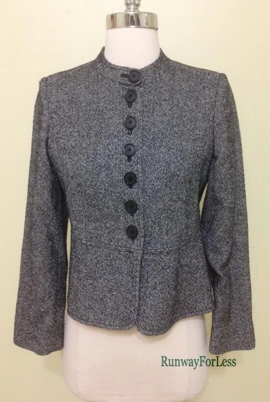 CHAQUETA BLAZER BURBERRY LONDON MUJER GRIS NEGRO TWEED LANA PEPLUM TALLA US 4