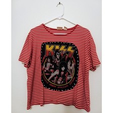 Upcycled KISS Tee Shirt – Striped Vintage Tee Shirt Hand Sewn DIY Graphic Shirt
