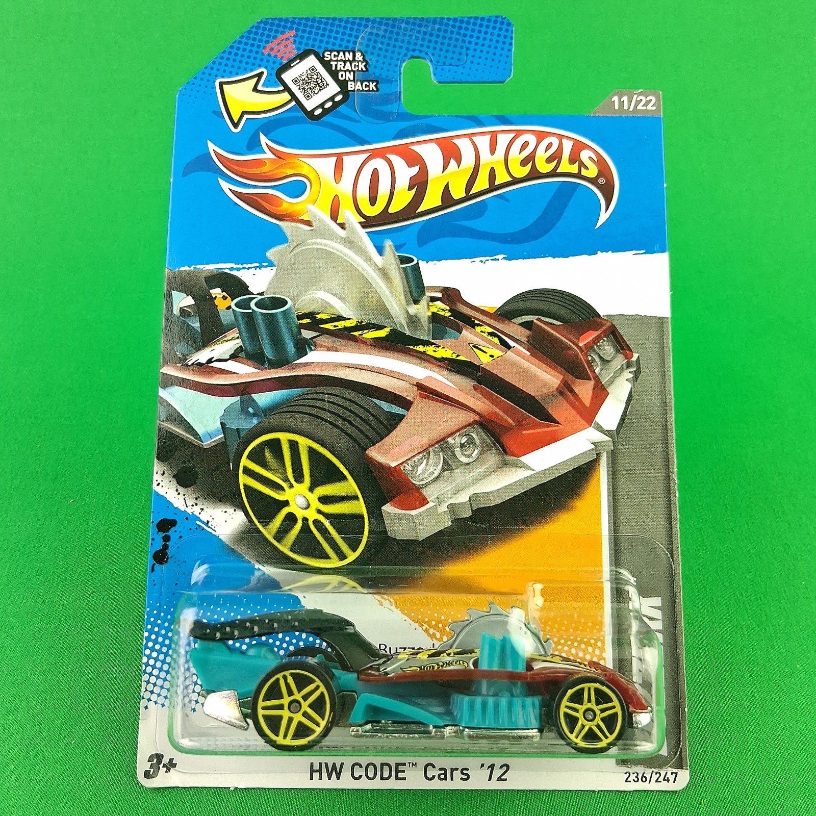 2012 Hot Wheels #236 Buzzerk Red/Turquoise 11/22 CODE Cars '12 Yellow PR5 Wheels