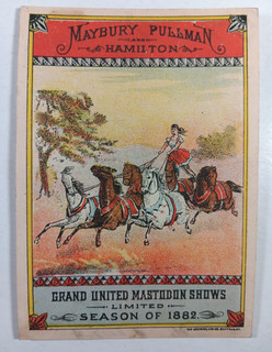 6. 1882 CIRCUS TRADE CARD Maybury Pullman Courier LItho Buffalo LADY HORSE ACT