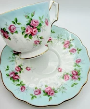 Vintage Aynsley England Crocus Light Blue Pink Rose Cup & Saucer; Teacup