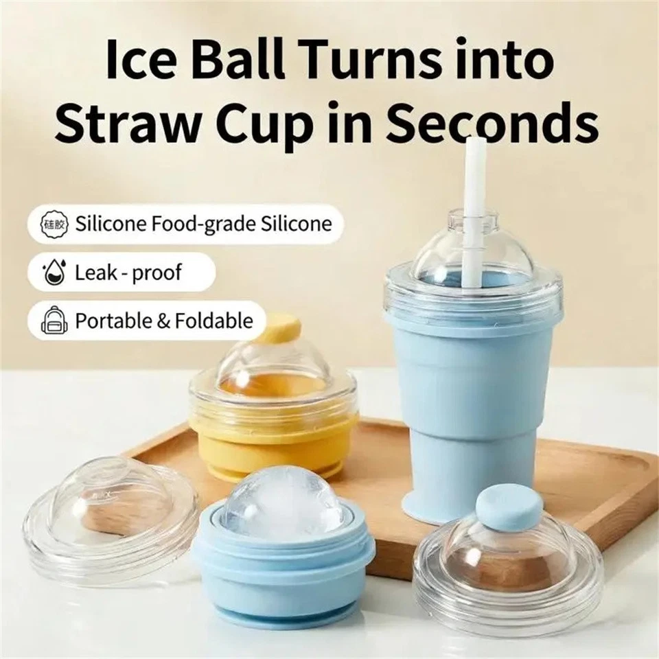 Silikon Flaschenbecher 2in1, faltbar mit Eismaker & Strohhalm, für unterwegs - Bild 4 von 4