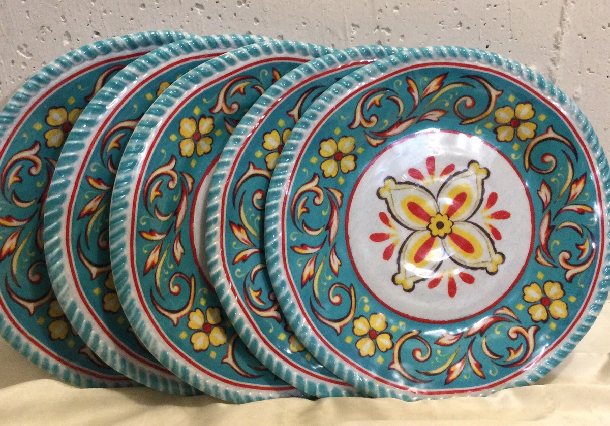 Set Of 5 Melamine Plates Bright Teal Orange Yellow 10.75 Wide