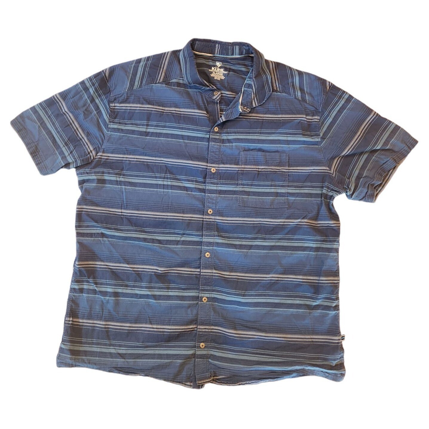 Kuhl Short Sleeve Stripped Button Up Shirt Mens Size XL Hiking Outdoors Blue