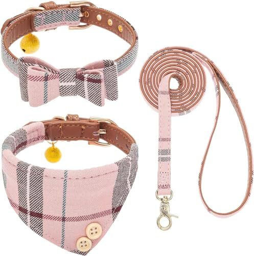 Small Dog Collar and Leash Set with Bowtie X-Small((Neck Girth 8"-10") Pink