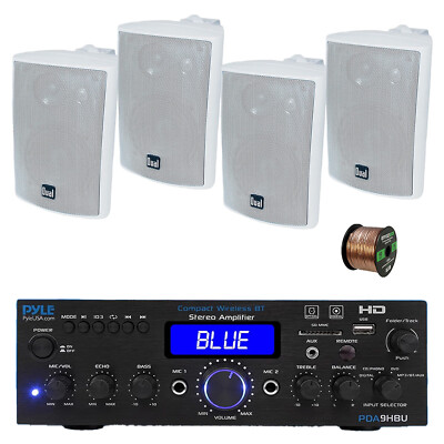Pyle PDA9HBU 2-Channel Home Audio Bluetooth Receiver, 4x 4'' White Speakers,Wire