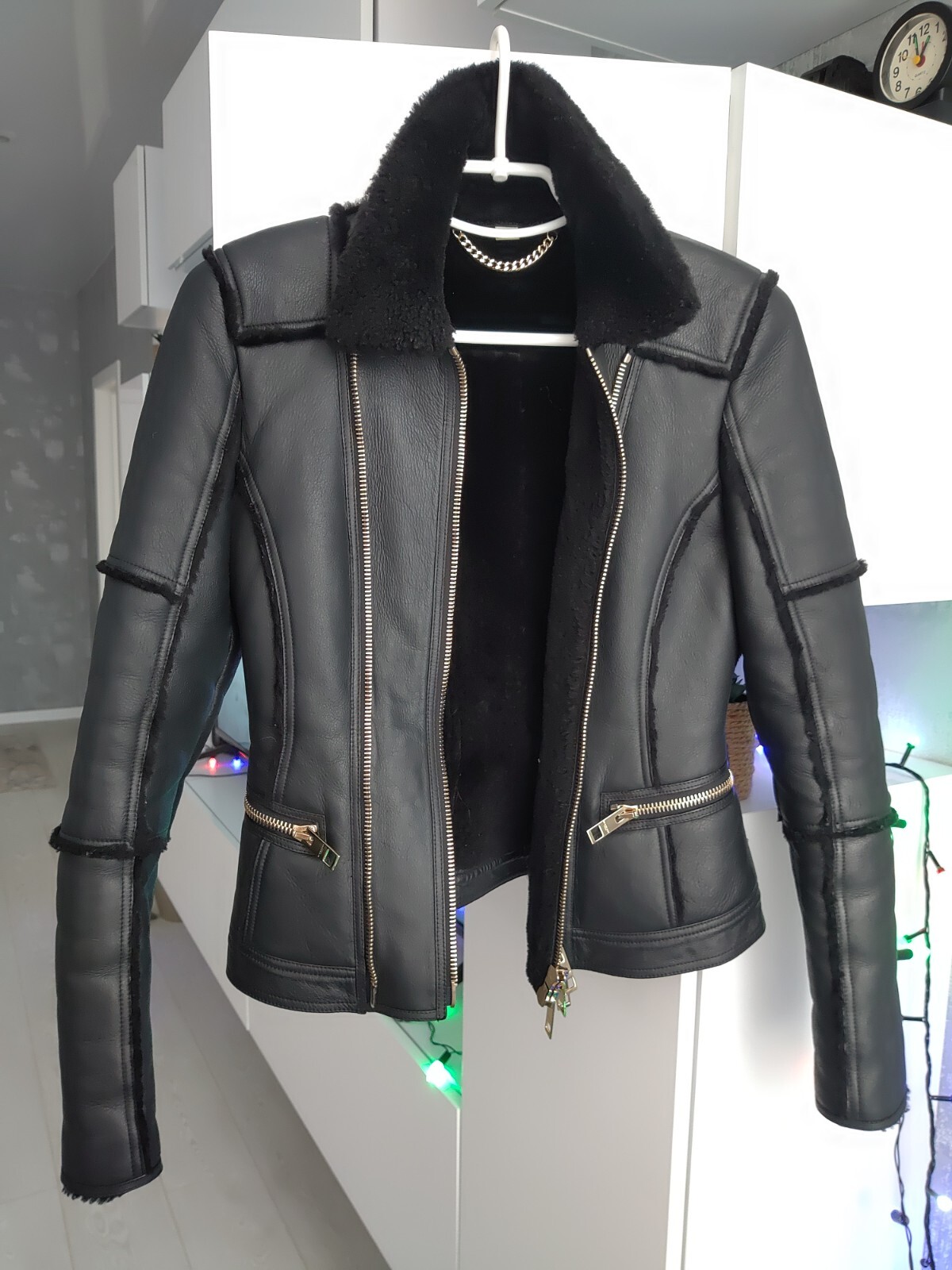 Burberry London Black Lamb Shearling Leather Bomber Zip Jacket Biker Moto 36 XS image 8