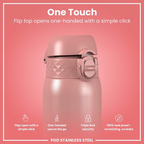 ION8 Leak Proof Kids Water Bottle, Stainless Steel, Ash Rose, 400ml (13oz) - Picture 3 of 7