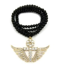 Egyptian Ankh Wing Pendant 6mm 30" Wooden Bead Necklace RC2196G-WBK