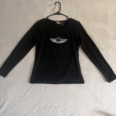 Vintage Harley Davidson Womens Large Top Long Sleeve T-Shirt Black 100 Years Y2K