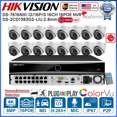 Hikvision 16CH 8MP ColorVu AcuSense CCTV System Kit 4K Hybrid Light Camera LOT