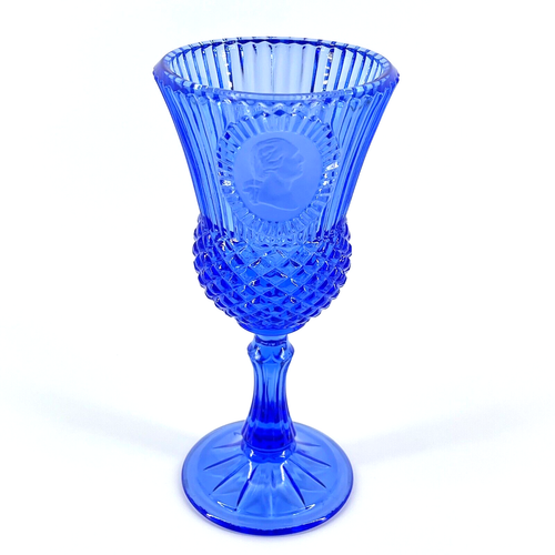 FOSTORIA AVON COBALT BLUE WINE GLASS ETCHED WASHINGTON PORTRAIT