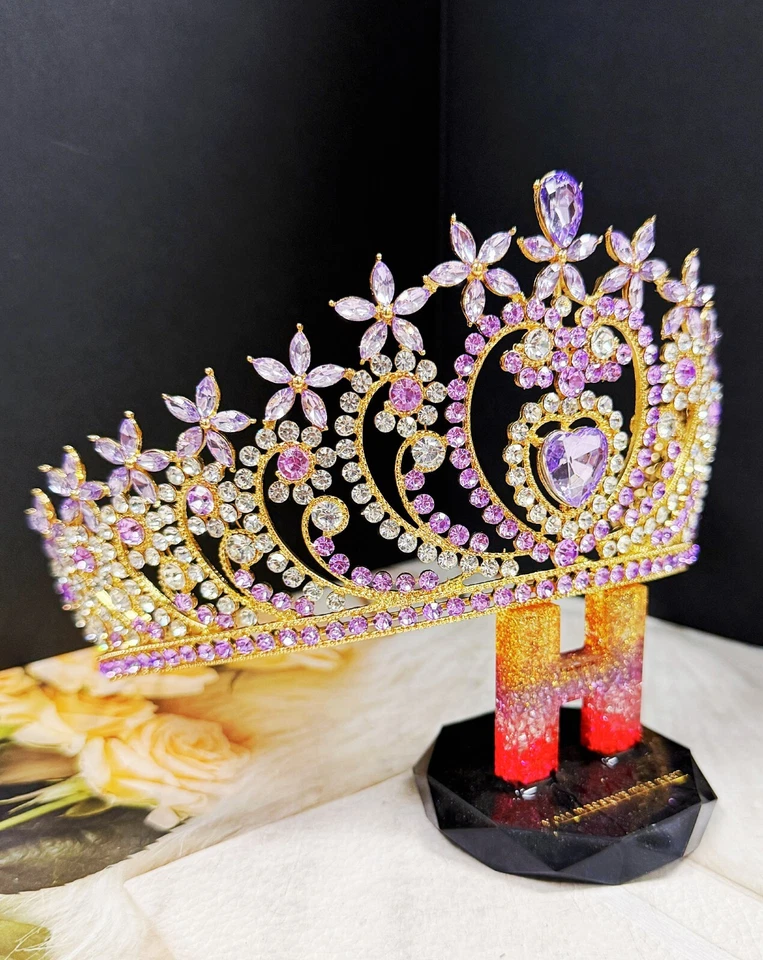 Tiara corazón cristal, tiara oro, tiara piedra púrpura, tiara nupcial, corona fiesta Foto 2 de 4