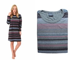 Damen Frottee Kurznachthemd Rundhals Langarm Streifen Übergrößen 60121