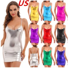 Women's Sexy Shiny Leather Spaghetti Dress Low Cut Bodycon Mini Club Dress
