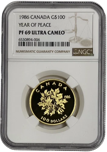 1986 Canada Gold $100 Year of Peace 1/2 oz Proof Coin NGC PF 69 UC