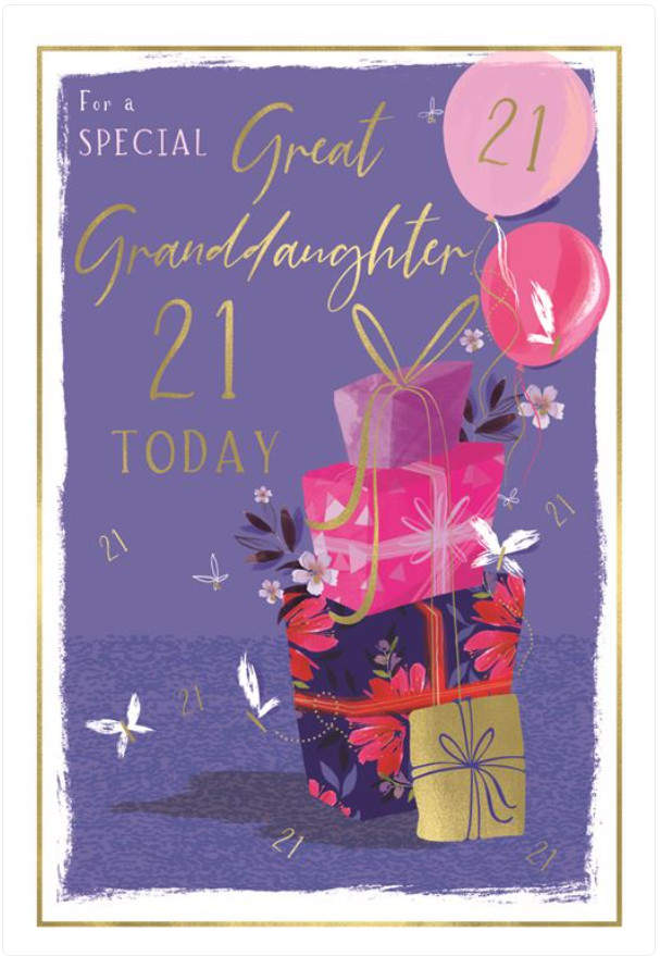 Birthday Card GREAT GRANDDAUGHTER 21st 21 Great-Granddaughter Card. 9 Inch Card.
