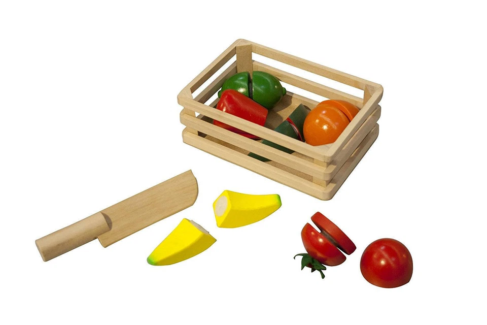 GLOW2B Holz Box Kiste mit Obst, Gemüse 1 Messer Kinder Rollenspiel Kaufmannsladen