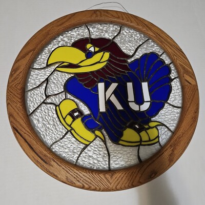 Stained Glass KU Kansas Jayhawk window panel in 21'' oak frame hand crafted