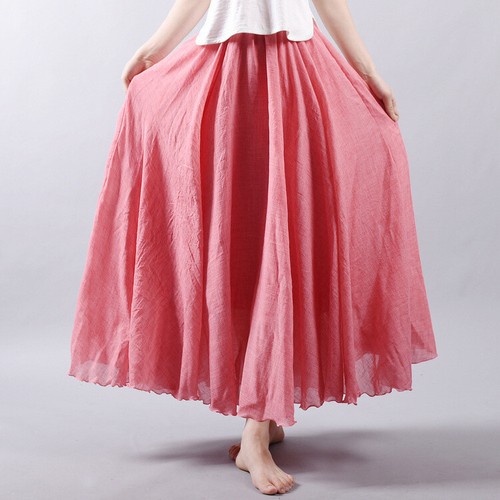 Summer Women Skirt Linen Cotton Long Skirts Elastic Waist Boho Maxi Beach Skirts - Picture 12 of 44
