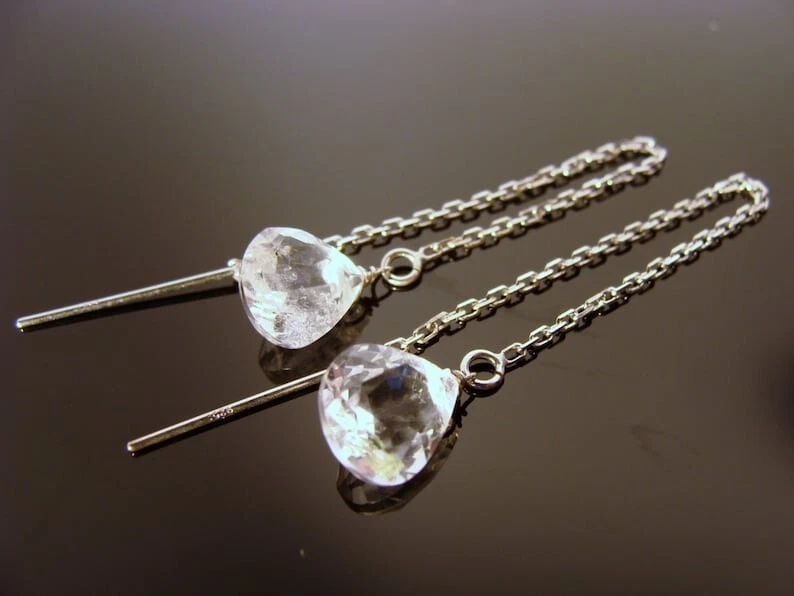 Orecchini a filetto catena placcato argento perle briolette cuore sfaccettato... - Immagine 4 di 4