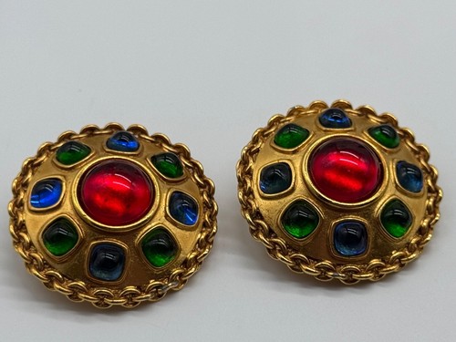 Vintage Carlisle signierte matt goldfarbene bunte Cabochon Clip-On Ohrringe - Bild 10 von 23