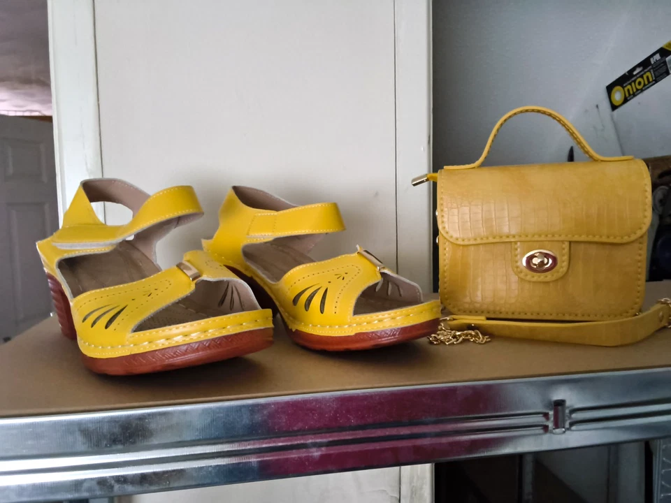 Women’s Yellow Sandals Mid Block Heel UK 5 + Matching Handmade Bag Set - Image 1 of 4