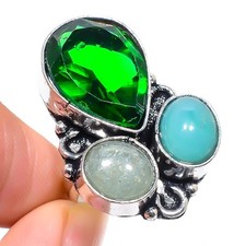Peridot, Aquamarine 925 Sterling Silver Gemstone Ethnic Jewelry Ring 7" NS 18913