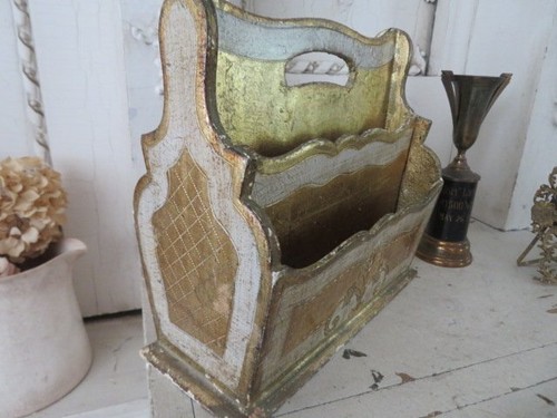 Little Vintage Italian Wood FLORENTINE LETTER HOLDER 4 Compartments Gold White