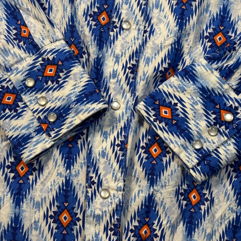 VTG Wrangler Mens XXL Blue Pearl Snap Aztec Brushpopper Navajo Shirt - Image 2 of 4
