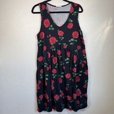 Women's Casual V-Neck Tank Dress Black Red Roses Flowy Babydoll Style Large