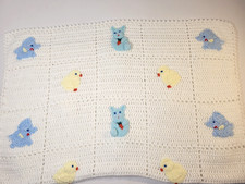 Handmade Crocheted Baby Blanket with Bunny,Chick,Elephant Appliques 44x35"