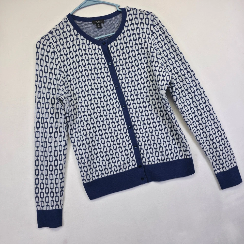 Cárdigan Ann Taylor Mujer M Azul Blanco Geométrico Eslabón Clásico Náutico Foto 2 de 4
