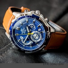 Casio Edifice EFR-554L-2AV Men Chronograph Blue Dial Brown Leather Watch 100M