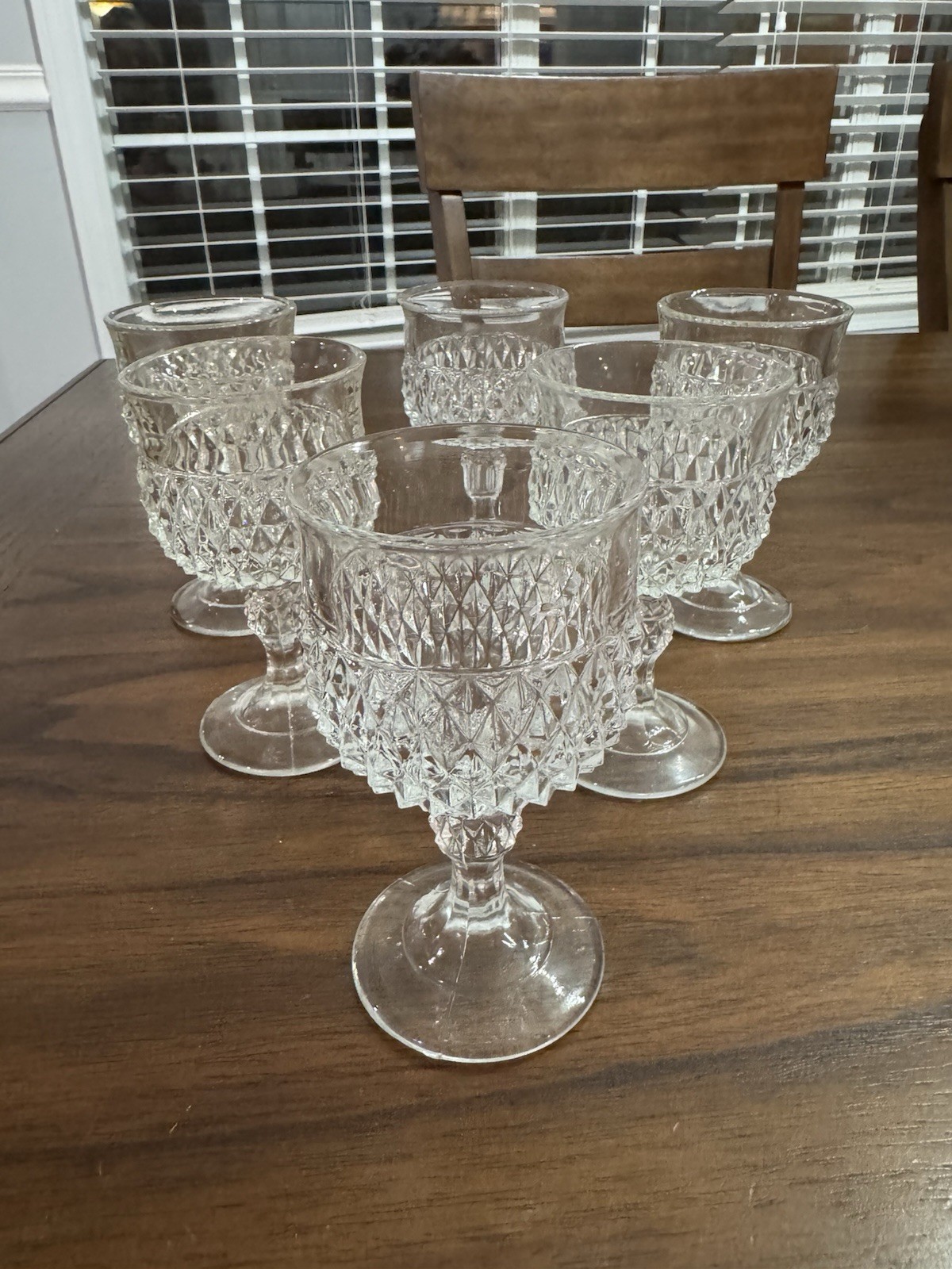 Set Of 6 Vintage Indiana Glass Diamond Point Wine Water Goblets Clear 5 1/4