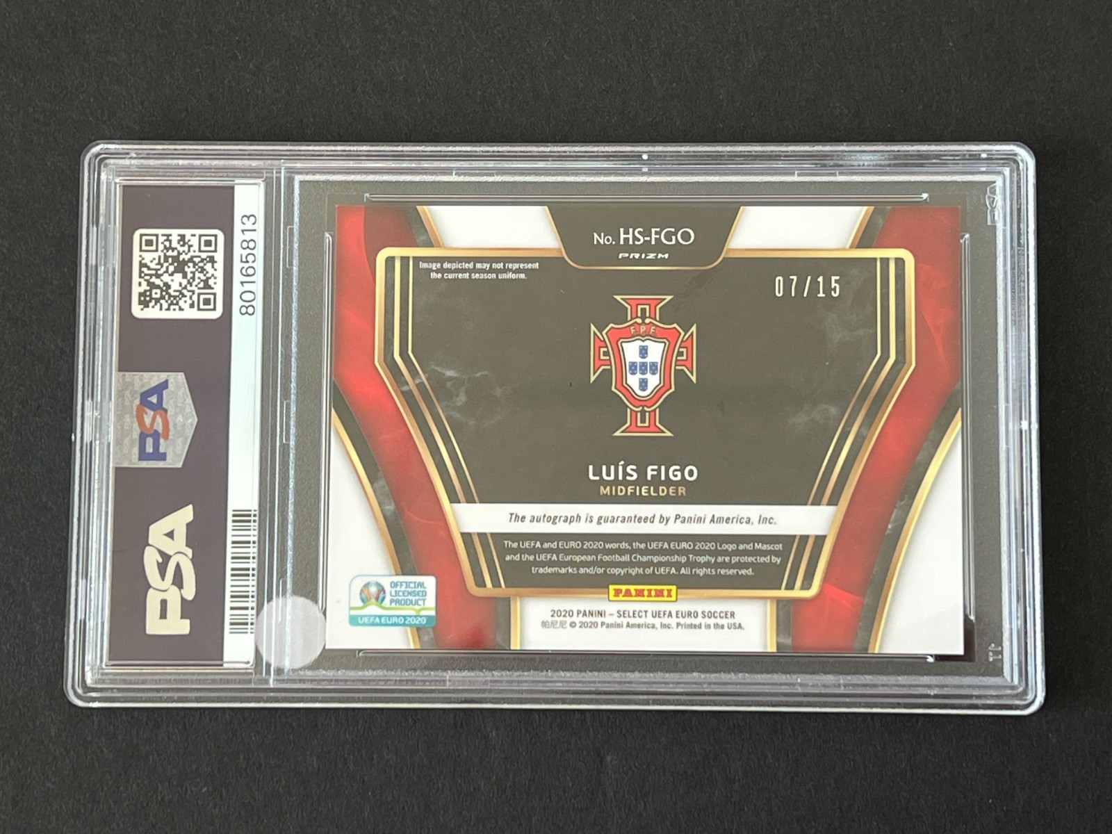 Luis Figo 2020 Panini Select UEFA Euro Soccer Green Prizm AUTO #ed 7/15 PSA 9 view 6