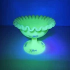 Fenton Custard Glass Ruffled Compote Dish Frosted Pink Flowers Signed Bev Archer
