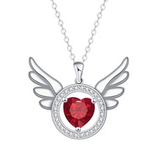 Angel Wings Heart Pendant Necklace for Women, Red CZ Dainty Cable Chain Choker