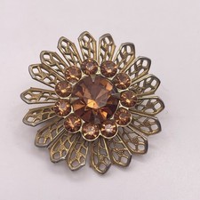 Vintage Retro Gold & Amber Tone Rhinestone Filigree Flower Sunflower Pin Brooch