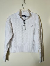 Polo Ralph Lauren cuello simulado 1/4 cremallera cable punto suéter blanco nuevo con etiquetas talla L $248.00
