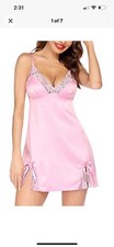 ADOME Pink Short Lingerie Slip Dress Large Satin Babydoll Nightie Lace Chemise