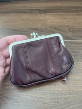 Vintage Burgundy Leather Double kiss-lock closure Wallet Coin purse Zip Bottom