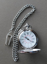 Pocket Watch : Silver tone Closed front on chain - Roman numerals