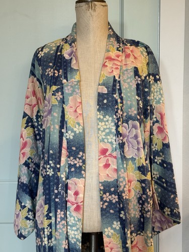 Hana Women’s Blue Floral Haori Kimono Jacket Cotton Woven Size S Japan
